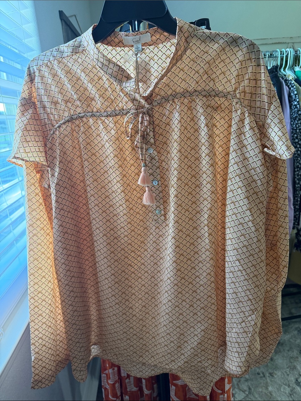 easel Peach Geo Tassel Tie Blouse